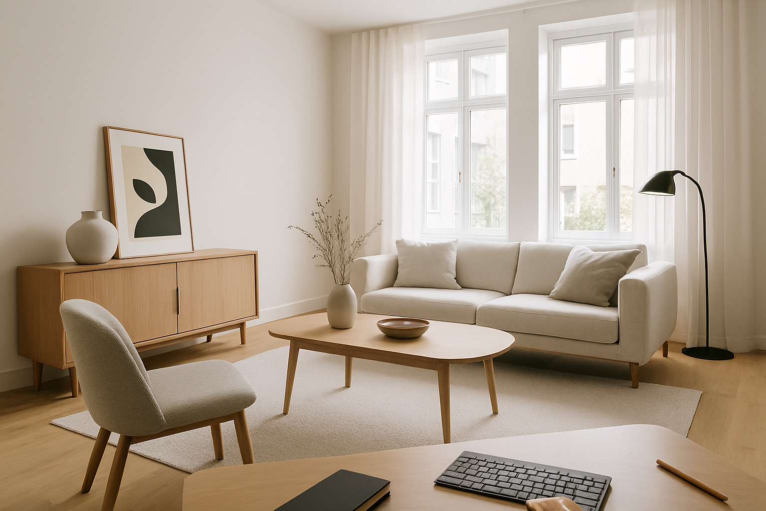 Moderni olohuone valkoisella ja harmaalla värimaailmalla