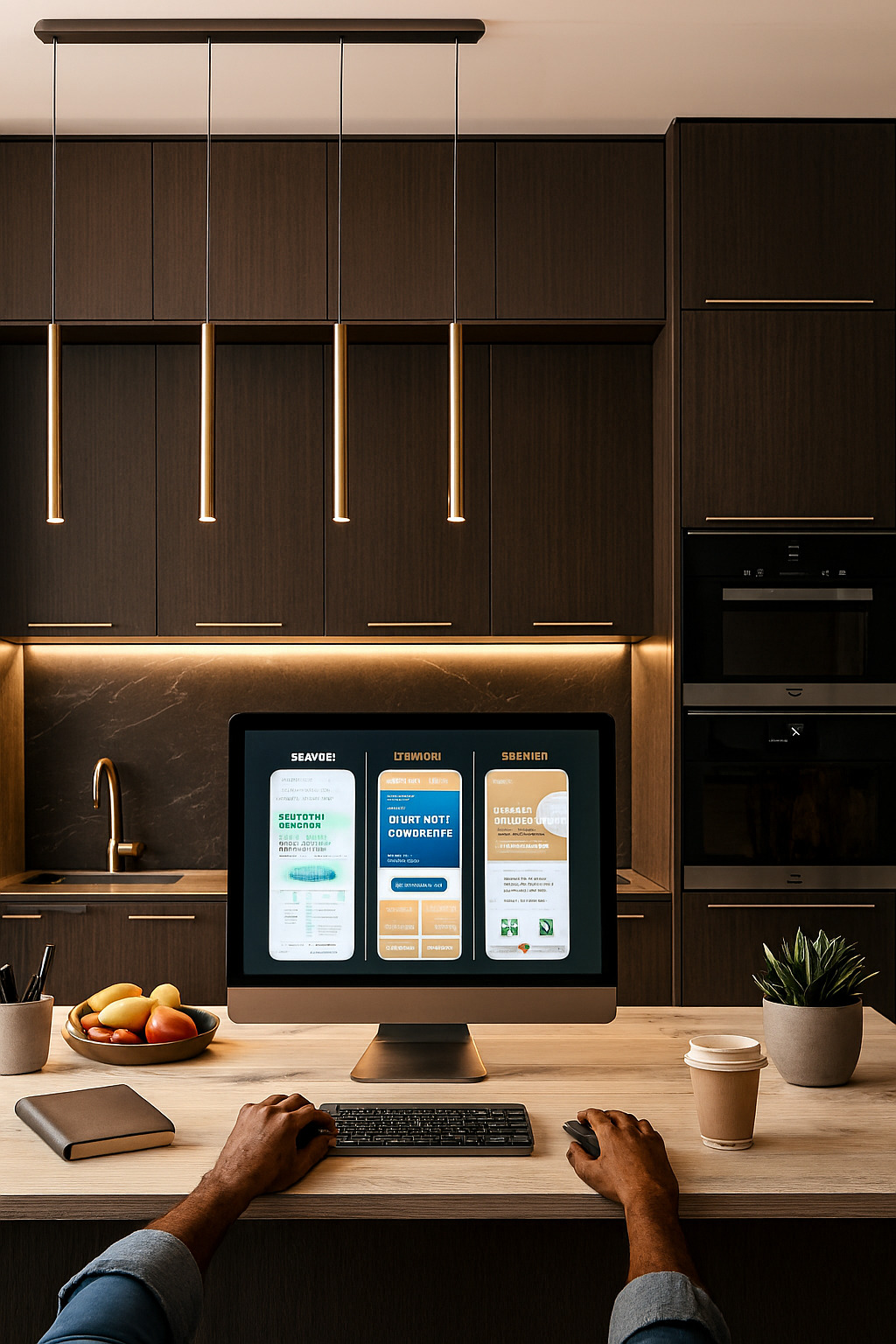 Luksus keittiö tummilla kaapeilla ja valaistuksella