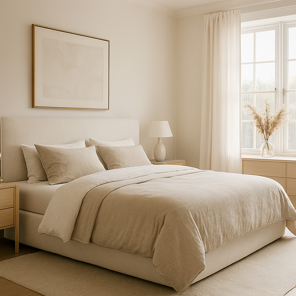 Tyylikäs makuuhuone rauhallisella värimaailmalla