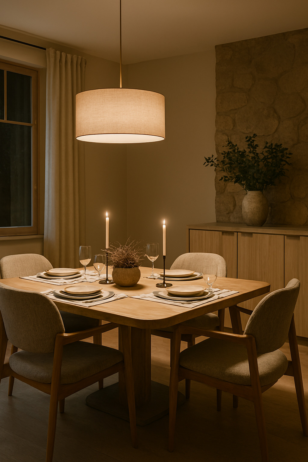 Kodikas ruokasali luonnonmateriaaleilla