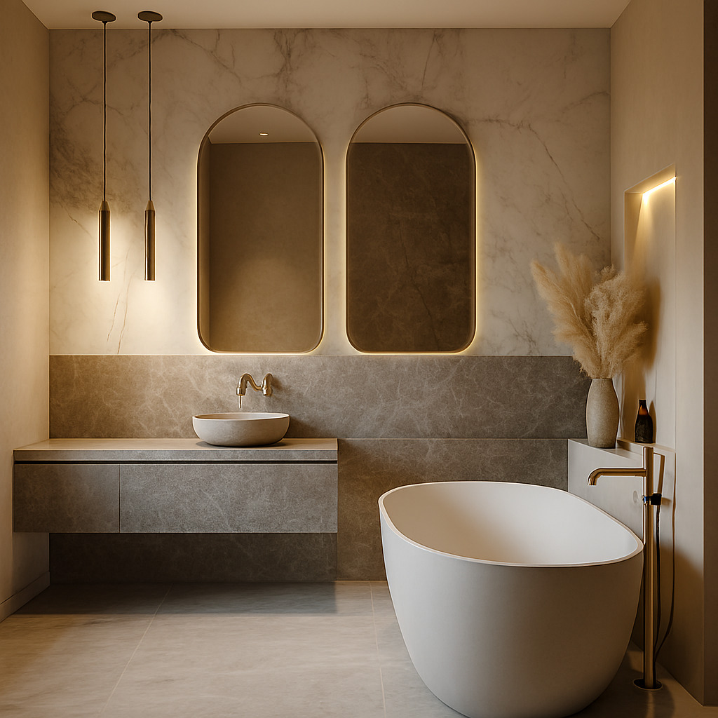 Rauhallinen kylpyhuone luksusmateriaaleilla